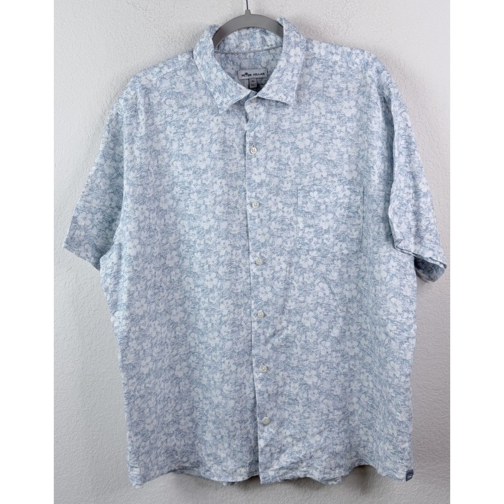 Peter Millar 100% Linen Shirt Short Sleeve Sz XL Button Down Abstract Coastal